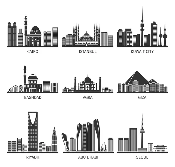 Paisajes urbanos orientales Monumentos Colección Iconos Negros — Vector de stock