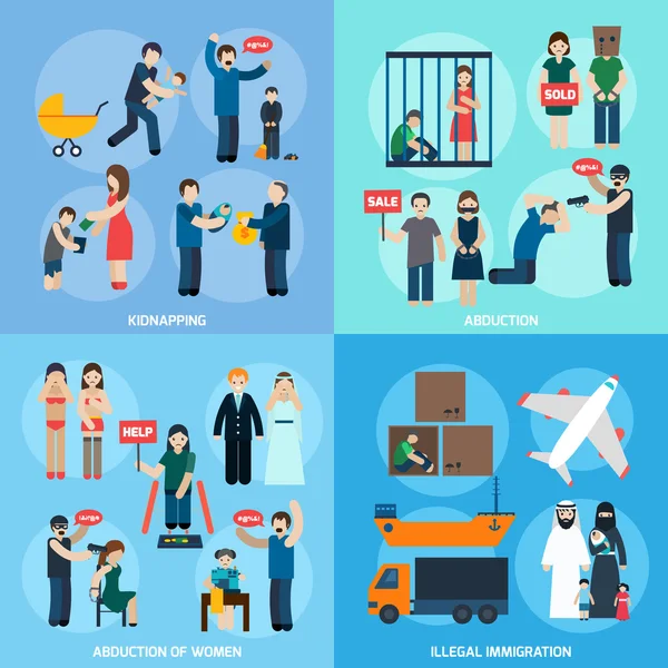 Human Trafficking 4 Flat Icons Square — ストックベクタ