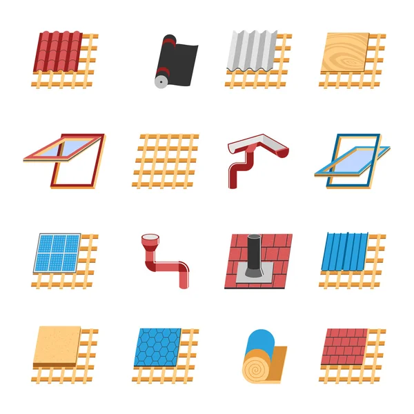 Conjunto de ícones planos de elementos de construção de telhado — Vetor de Stock