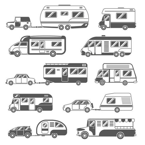 Conjunto de iconos blancos negros autocaravanas — Vector de stock