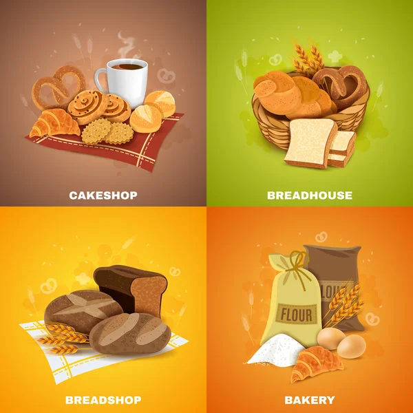 Bakery Breadshop 4 Flat Icons Square — 图库矢量图片