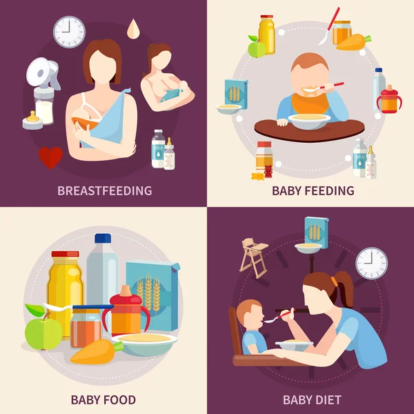 Baby Feeding 4 Flat Icons Square — 스톡 벡터