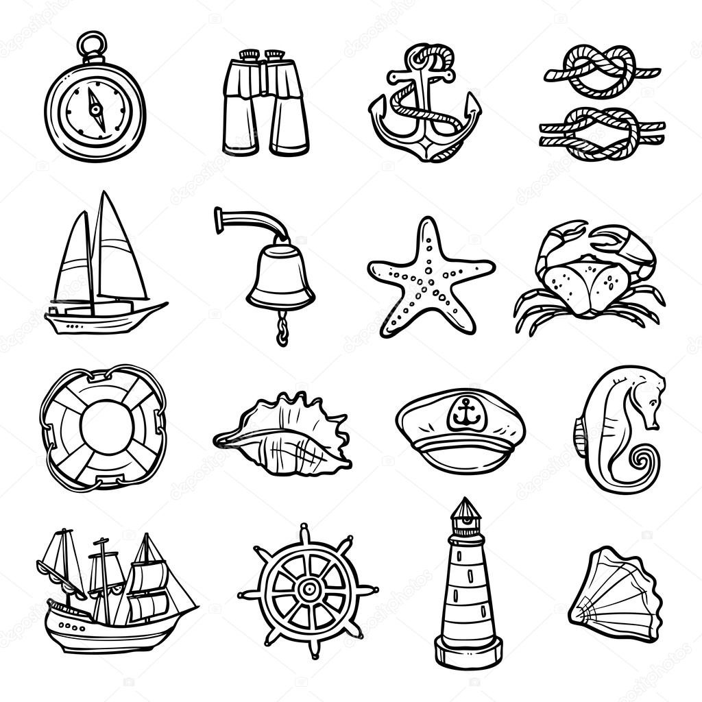 Nautical Black White Icons Set