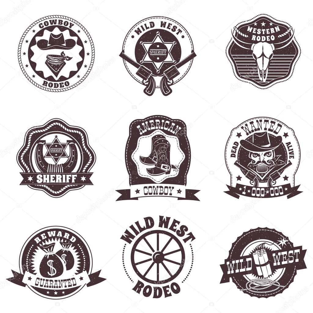 Wild West black white labels set with rodeo and sheriff symbols flat isolated vector illustration