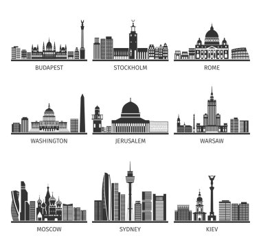 Dünya ünlü Cityscapes siyah Icons Set