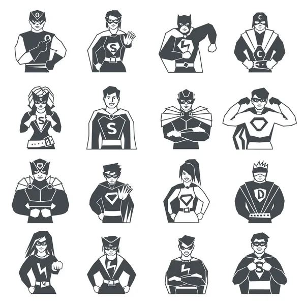 Superhjälte svart vit ikoner Set — Stock vektor