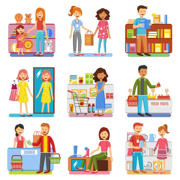 Family Shopping Concept Colección de PIctogramas planos — Vector de stock