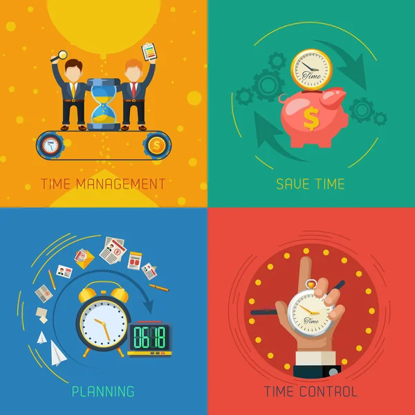 Time Management Flat Icons Square Composition — Stok Vektör