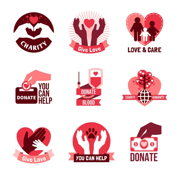 Conjunto de emblemas de logotipo de caridad — Archivo Imágenes Vectoriales