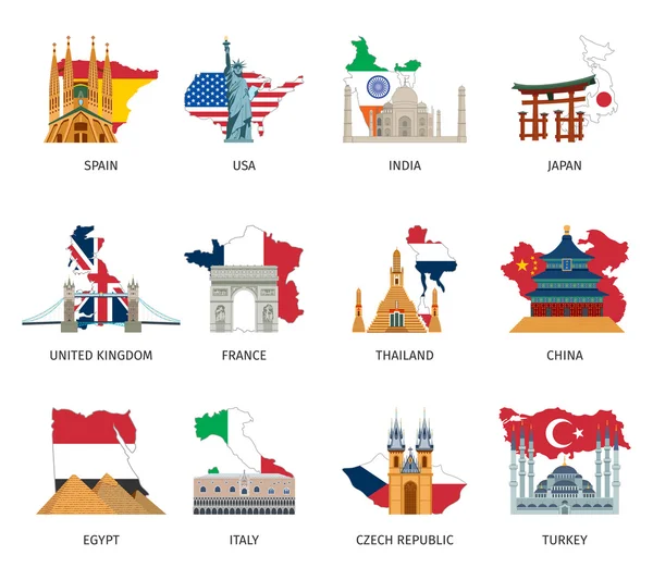 Países Banderas Lugares de interés Set de iconos planos — Archivo Imágenes Vectoriales