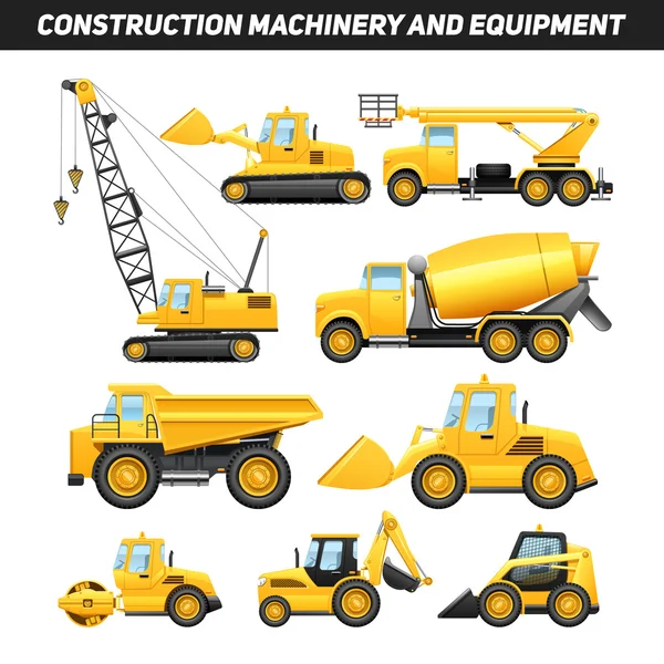 Equipo de construcción Maquinaria Conjunto de iconos planos — Vector de stock
