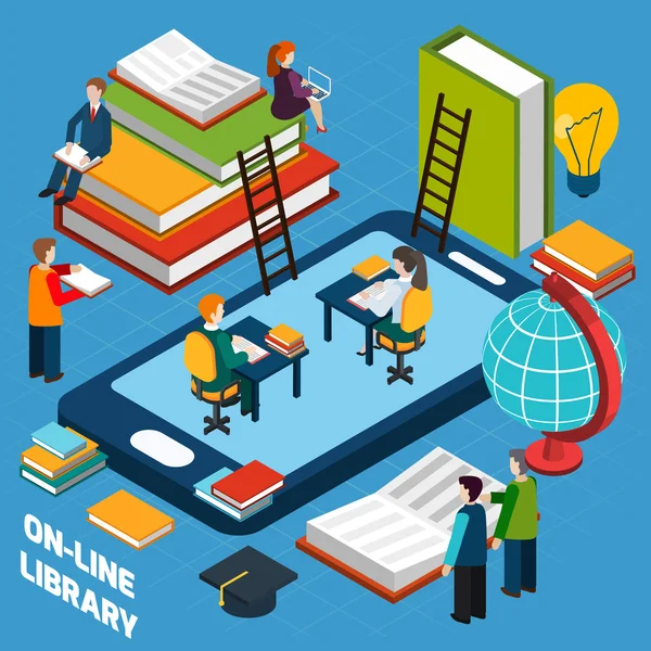 Online library isometric concept — Stock Vector