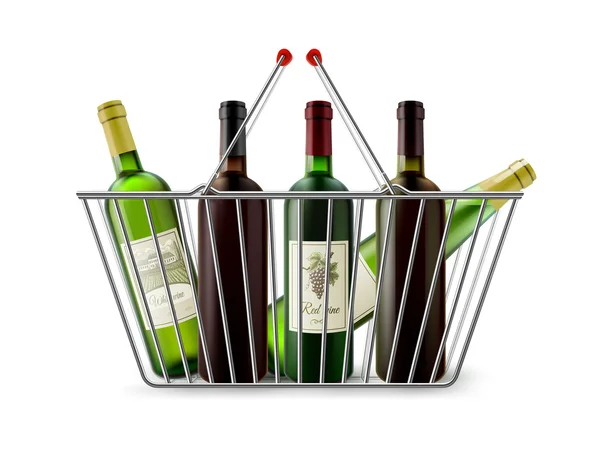 Metallic Shopping Basket With Wine Pictogram — 스톡 벡터