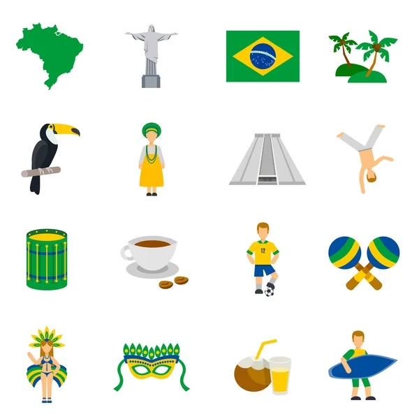 Símbolos de cultura brasileña Set de iconos planos — Vector de stock