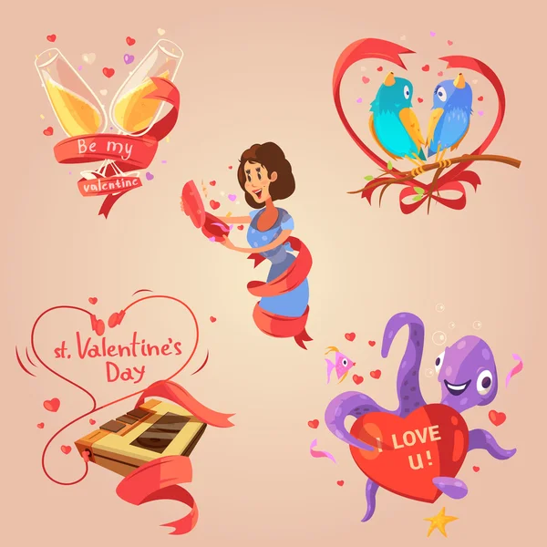 Valentine day retro cartoon set — Stock Vector