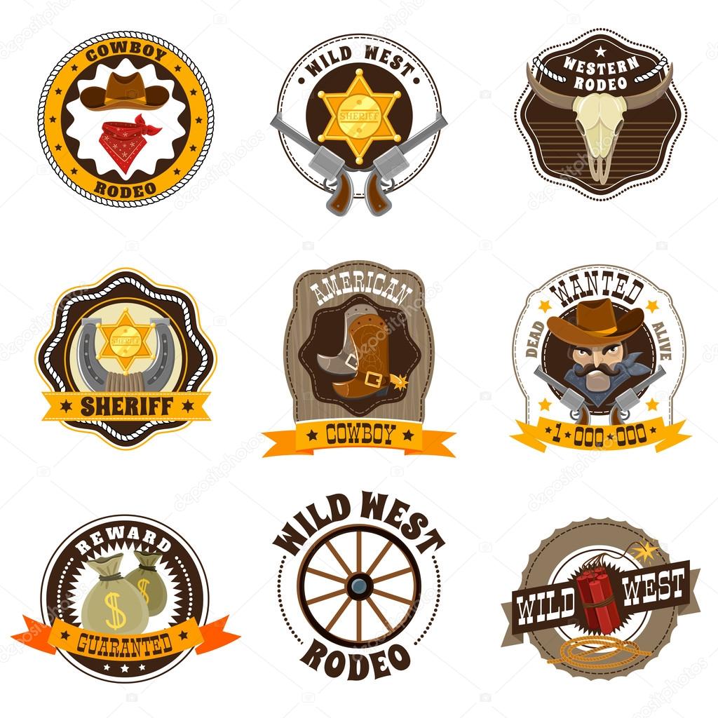 Cowboy cartoon labels set with Wild West and rodeo symbols isolated vector illustration