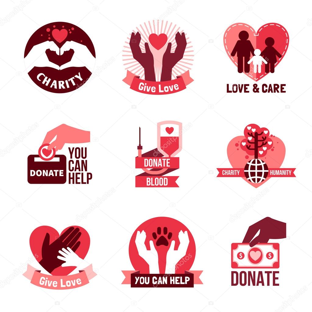 Charity pink logo emblems set with humanity symbols flat isolated vector illustration