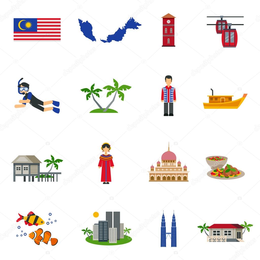 Malaysian Culture Symbols Flat Icons Set