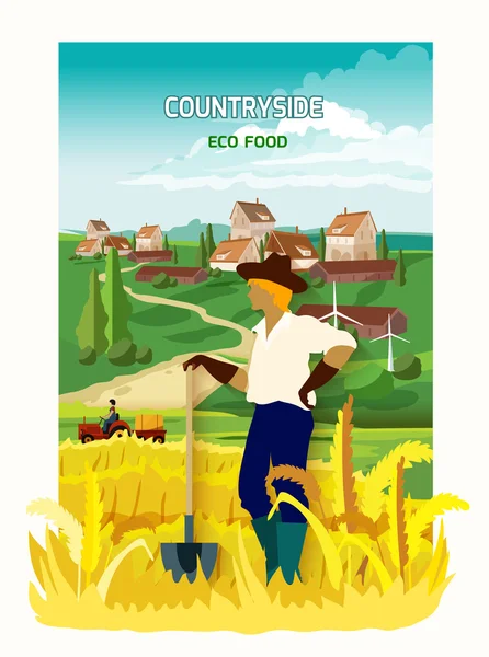 Farmer In The Countryside Background Poster — Stock vektor