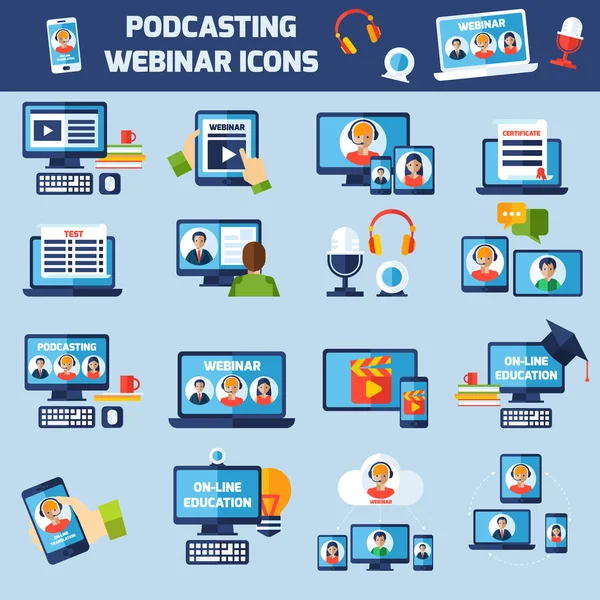 Podcasting and webinar icons set — 스톡 벡터