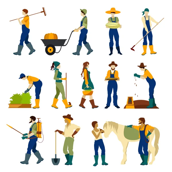 Conjunto de iconos planos de agricultores en el trabajo — Vector de stock