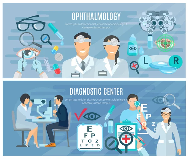 Szemészeti diagnosztikai központ lapos bannerek készlet — Stock Vector