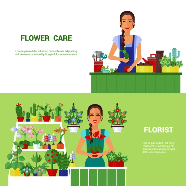 Düz afiş kümesi çiçekçi House bitkiler — Stok Vektör