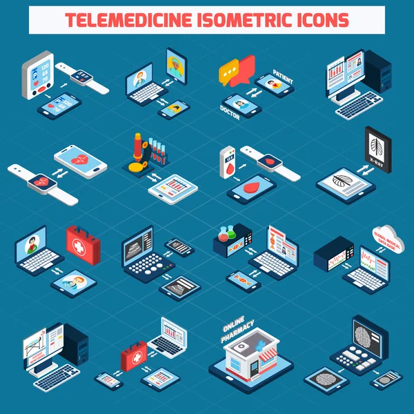 Ensemble d'icônes isométriques de télémédecine — Image vectorielle