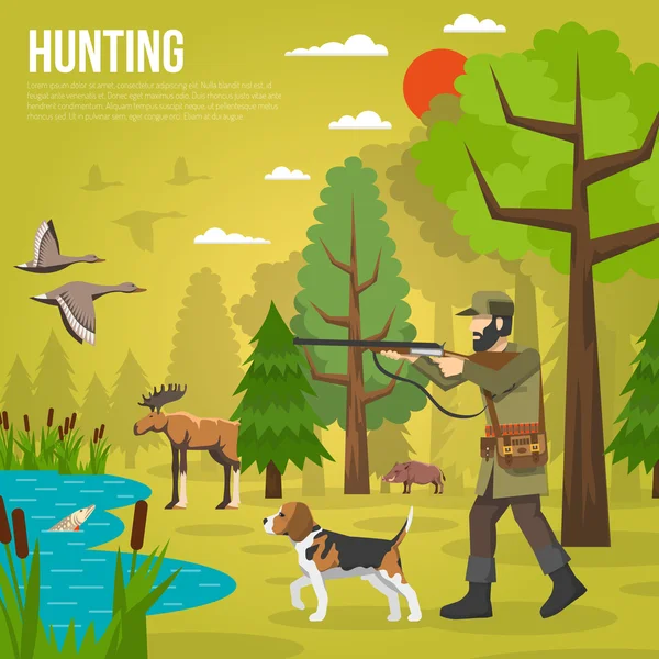 Iconos planos con cazador apuntando a patos — Vector de stock