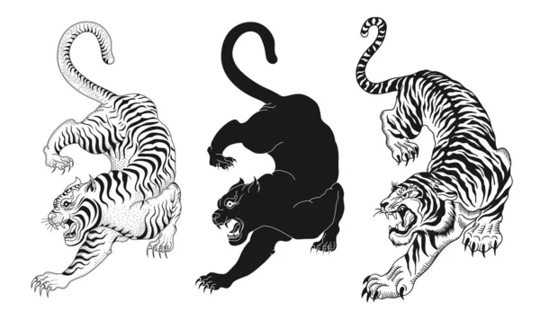 Jeu Illustrations Vectorielles Noir Blanc Tigre — Image vectorielle