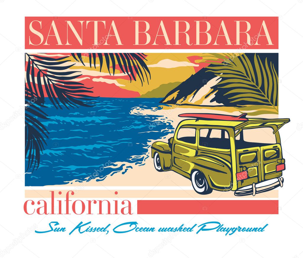 Santa Barbara California retro poster design illustration