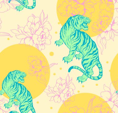 Etnik çiçekler ve pastel renklerle tropik kaplan deseni