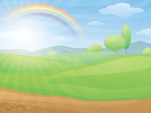 Kids cartoon landscape with rainbow — Stock Vector