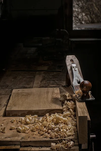 Jack Plane Carpenter Table Chips Scattered — Stock Photo, Image