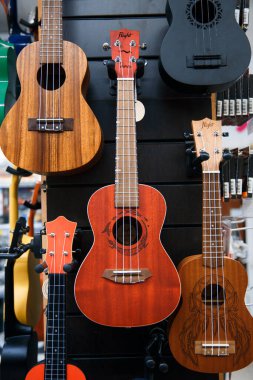 Zaporozhye, Ukrayna 14 Mart 2020: Dört telli Ukulele Gitarı Piyasada Satılık.