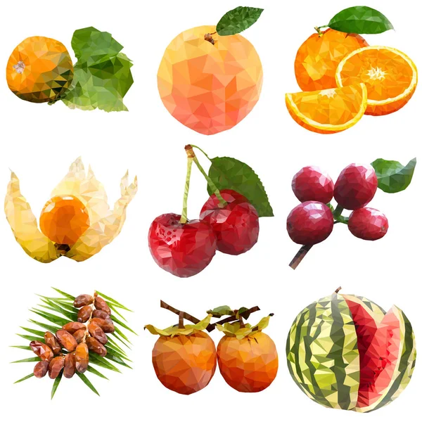 Låga Poly Frukter Och Grönsaker Set Pumpa Persika Apelsin Fysalis — Stockfoto