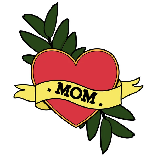 Tattoo Heart Ribbon Branch Leaves Word Mom Old School Retro — Stock Photo, Image