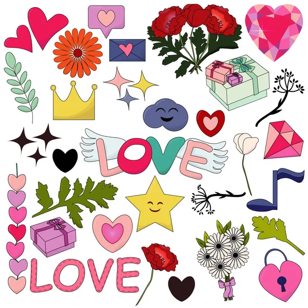 Ερωτικά Σημάδια Έτοιμα Σύμβολα Καρδιά Παπαρούνες Κλαδιά Σημείωμα Στέμμα Αφίσα Εικόνα Αρχείου