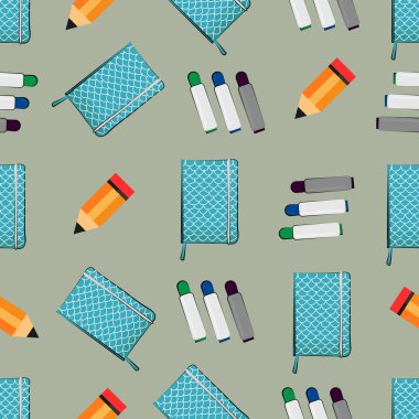 Mavi not defteri, kalem ve kalemlerle kusursuz desen. Paketleme tasarımı için arka plan. Görüntü