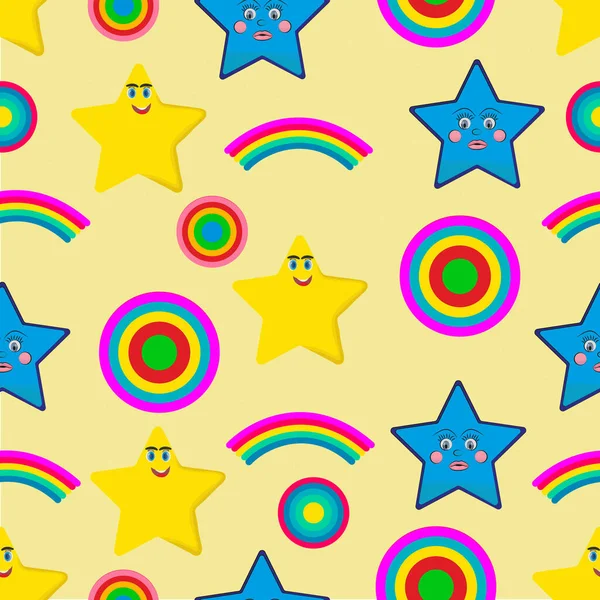Seamless pattern, cartoon stars and rainbow circle, rainbow. For the decoration of children\'s parties and rooms. Illustration.