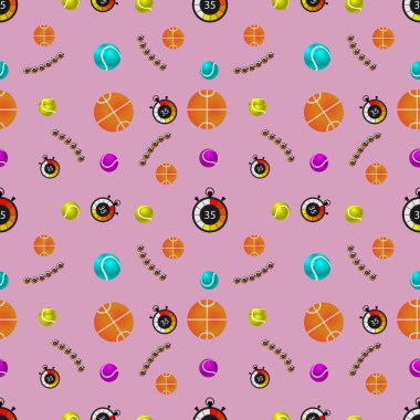 İllüzyon. Pembe arka planda spor topları ve kronometreyle kusursuz bir desen..