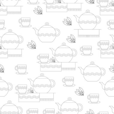 Kusursuz bir desen. Çaydanlıklı çay fincanı ve karalama tarzında çay yaprakları. Görüntü.