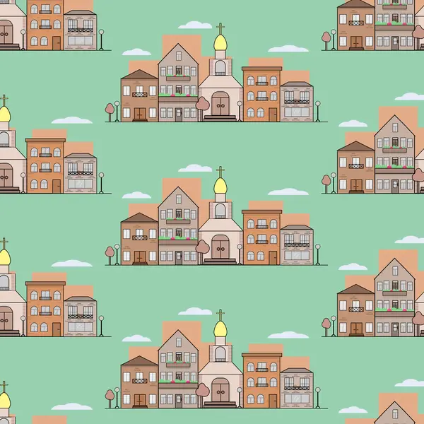 City street with modern houses seamless pattern. For packaging design and textures. Illustration.