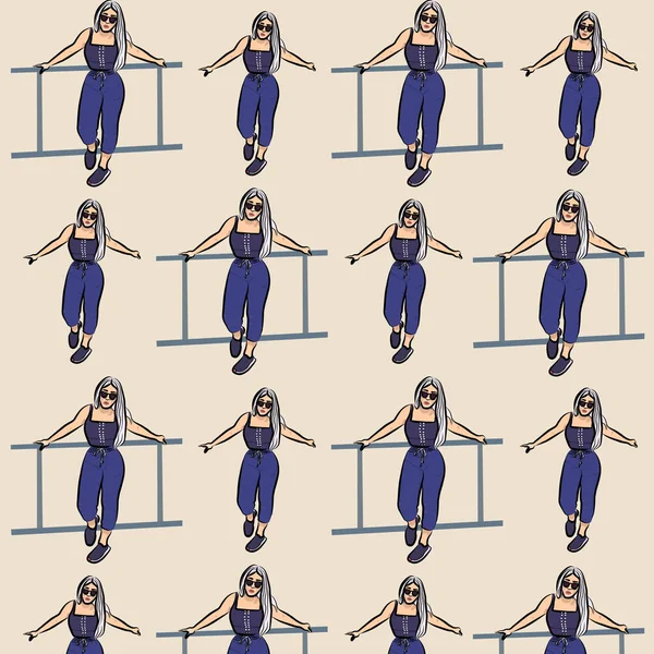Dívka Modrém Svršku Džínách Opírající Zábradlí Bezproblémový Vzorec Ilustrace — Stock fotografie