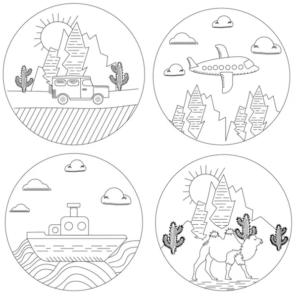 Travel icons set in doodling style. Travel by car, plane, camel, yacht. Illustration.