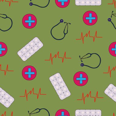 Kesintisiz ilaçlar, steteskop, kardiyogram. Geçmişi ve dokuları için. Görüntü.