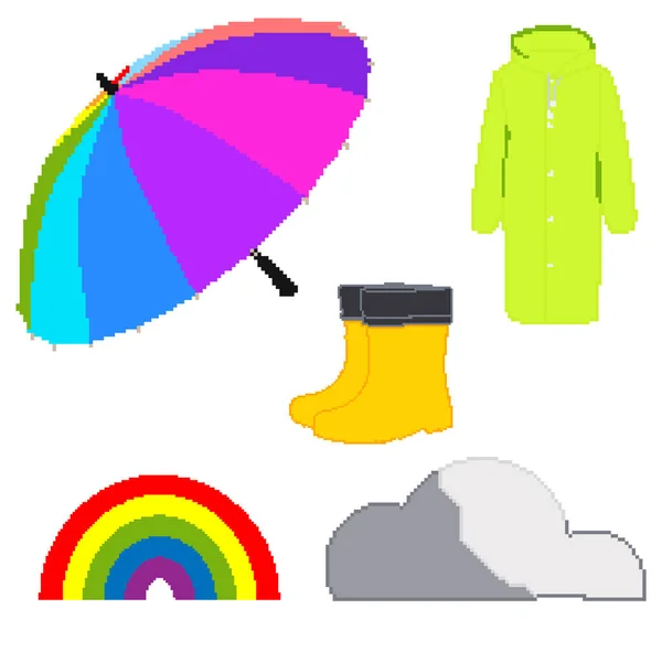 Iconen Paraplu Regenjas Laarzen Regenboog Wolk Regen Items Pixel Kunst — Stockfoto