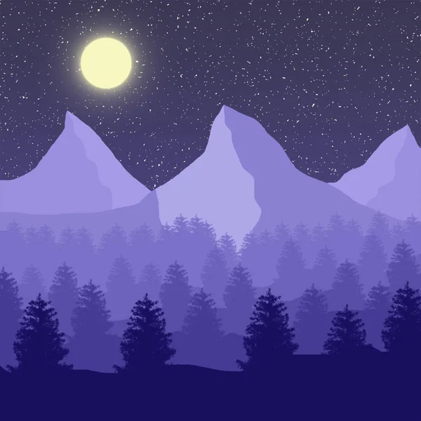 Mountain landscape against the background of the night sky, trees. Illustration.