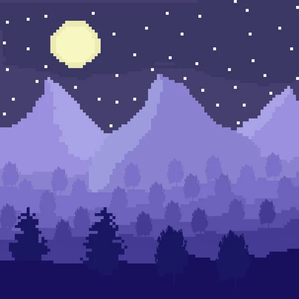 Against the background of the night sky, mountains and trees. Pixel art. Illustration.