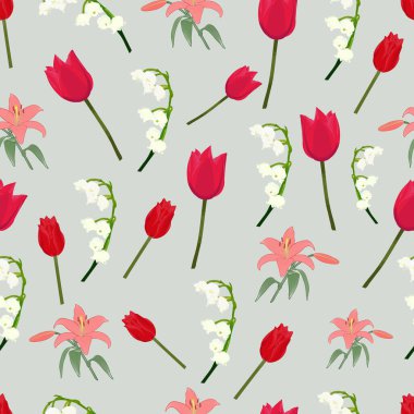 Farklı tatlı çiçekleri, laleleri ve zambakları olan kusursuz desenler, zambaklar. Romantik tasarım ve dekorasyon için geometrik kusursuz desen. Görüntü